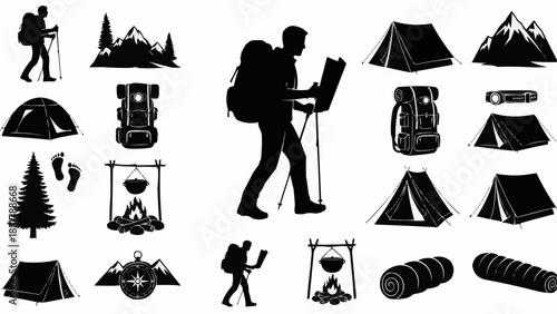 Collection of Hiking and Camping Silhouettes for Outdoor Adventures.