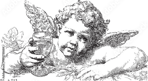 Angel child holding a glass in vintage line art style. Classical black and white vector illustration with elegant details.
