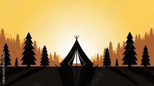 Silhouette of a teepee tent at sunset in a forest.