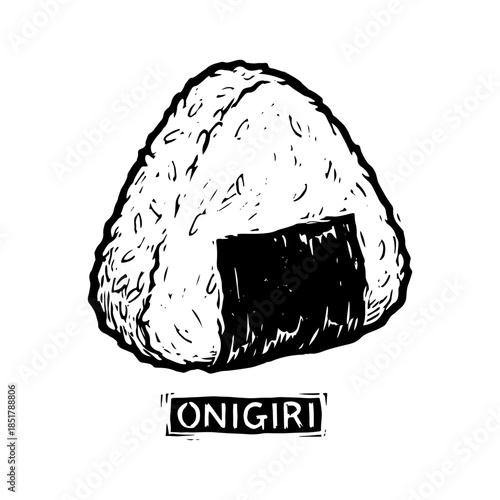 Hand-drawn engraving style illustration of a Japanese Onigiri rice ball with nori seaweed and text label.