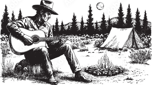 A man playing guitar by a campfire in a wilderness setting. Black and white vector illustration featuring a tent and moon in a scenic landscape set.