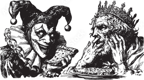 Clown and king sharing pizza in a vintage monochrome vector illustration set. Humorous scene with expressive characters.