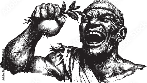 Muscular man expressing strong emotion. Vintage black and white vector illustration depicting a bold character in action as a powerful concept.