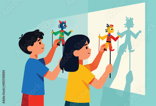 Children play with puppets, casting shadows on a screen
