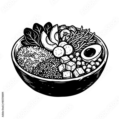 Hand-drawn engraving style illustration of a healthy rice bowl with avocado, egg, tofu, and chickpeas.