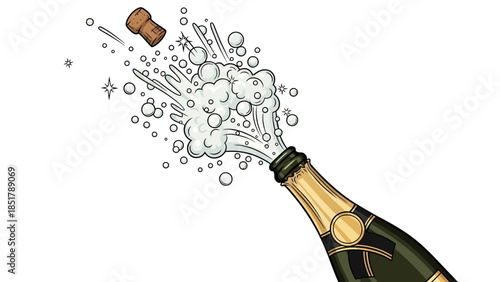 A champagne bottle erupting with a cork flying out and a splash of bubbly liquid and foam.