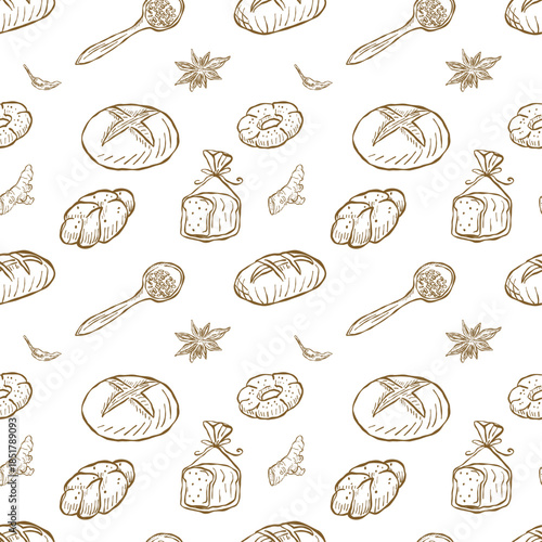 Vintage hand drawn bakery bread seamless pattern in outline style
