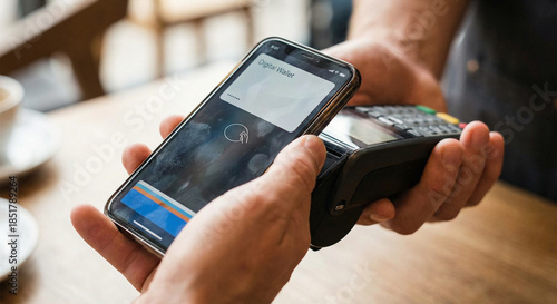 Εκτύπωση καμβά Close-up of a smartphone used for contactless payment at a point of sale terminal