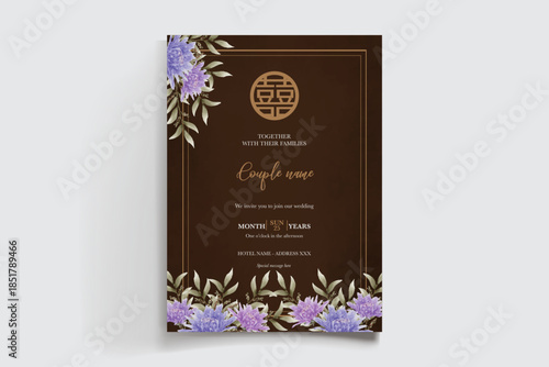 WEDDING INVITATION FRAME WITH FLOWER DECORATIONS AND FRESH LEAVES