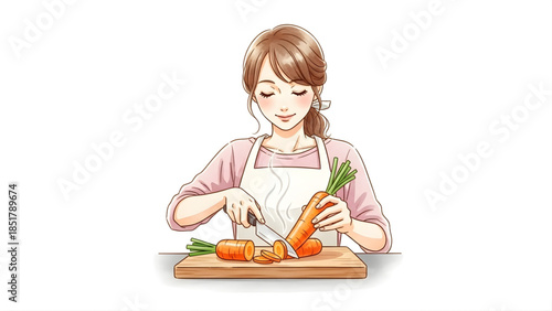 Woman happily chopping fresh carrots on a wooden cutting board with a knife, preparing healthy ingredients for a meal