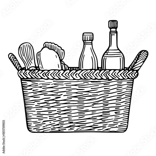 Whimsical Sketch Crochet Hamper Various Bottles | Clean, isolated vector art for creative projects.
