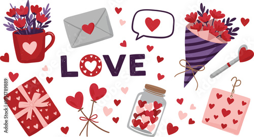 Valentine s day symbols and gifts in cheerful colorful illustration