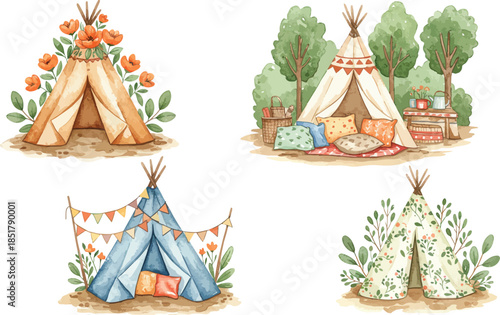 Four colorful teepees in different scenic outdoor environments