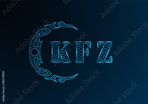 Low poly letter logo KFZ design. KFZ letter logo low poly vector design on blue color gradient background. KFZ logo low poly design