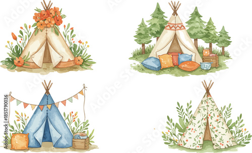Four watercolor illustrations of colorful teepees in various scenic environments