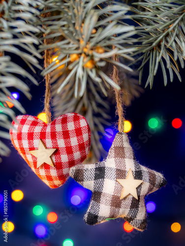 Plush Plaid Ornaments Hanging From Pine Branches With Fairy Lights For Christmas Decor Seasonal Display