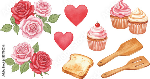Watercolor illustration of sweet treats and flowers for valentine s day