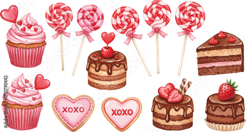 Assorted valentine s day desserts and sweet treats on white background