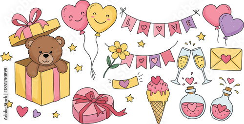 Colorful illustration of birthday decorations and gifts for a little girl