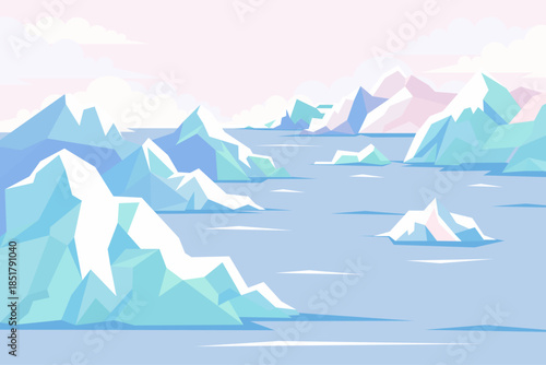 Glacial icebergs in the ocean with mountains in the background