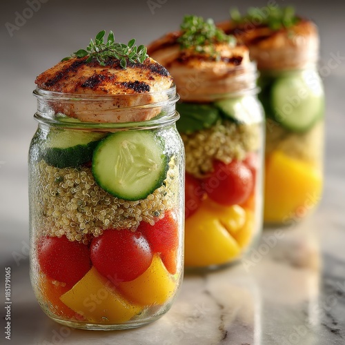 Close up view of three mason jars layered with colorful vegetables and quinoa topped with grilled chicken breast garnished with fresh herbs.