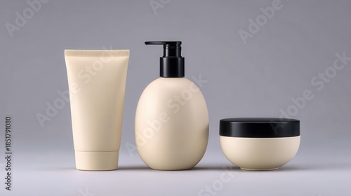 Three simple beige colored skincare bottles and jars with black accents and lids against a plain gray backdrop, showcasing product packaging.