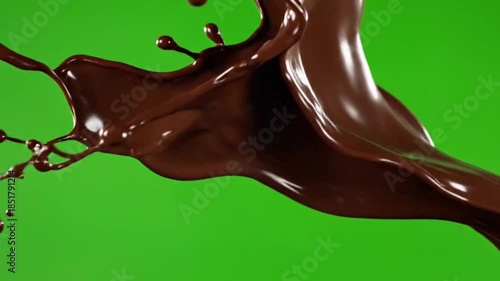 Chocolate splash in slow motion heavy creamy liquid movement rich texture detailed splatter green screen background,