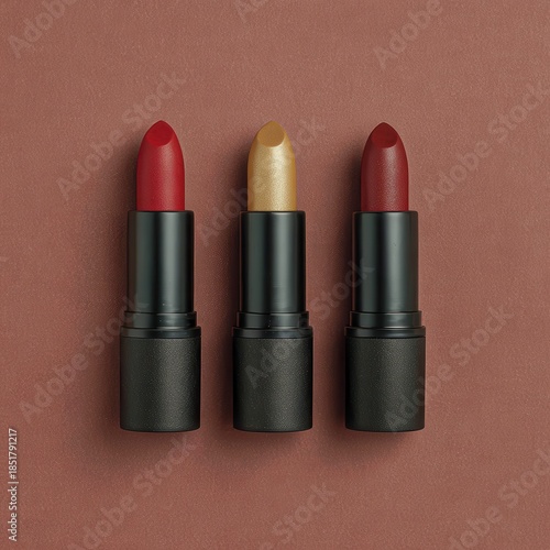 Close up of three lipsticks with glittery black tubes and sparkly bullet tops in red gold and deep red shades arranged on a textured rose gold glitter surface.