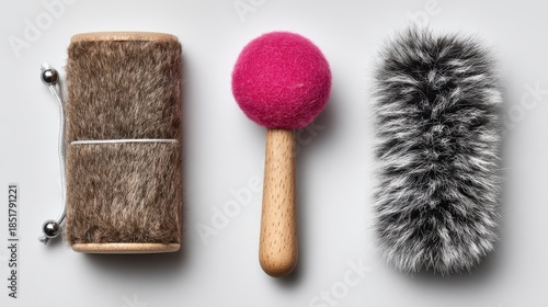 Close up studio shot of three cleaning brushes with varied textures and colors including brown coarse bristles pink fluffy bristles and black fine bristles.