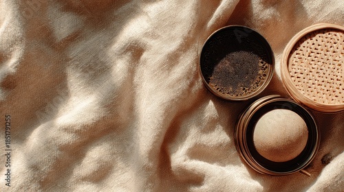 Overhead view of three metallic cups with intricate patterns resting on a textured beige fabric.