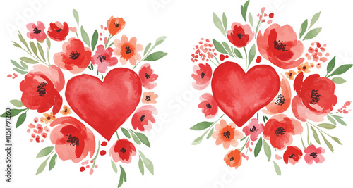Two red hearts surrounded by colorful flowers and leaves on white