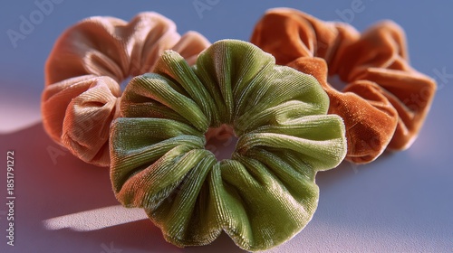 Three soft velvet scrunchies in peach green and burnt orange hues are displayed with glitter accents and gentle lighting.
