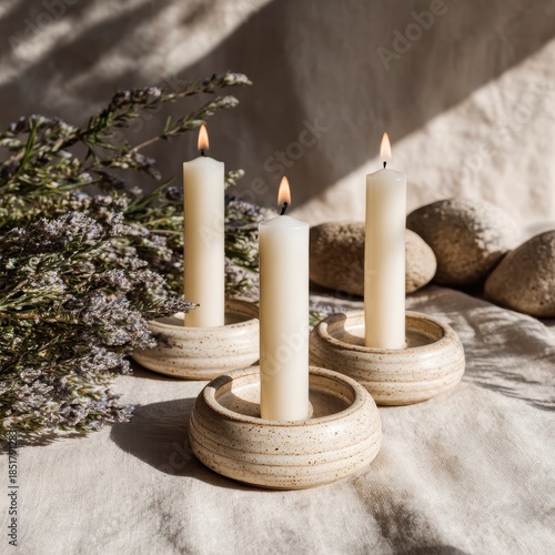 Three lit white taper candles in rustic speckled ceramic holders on a textured fabric surface with dried purple flowers and smooth river stones.
