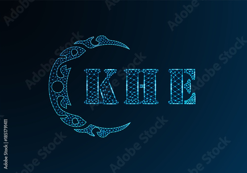 Low poly letter logo KHE design. KHE letter logo low poly vector design on blue color gradient background. KHE logo low poly design