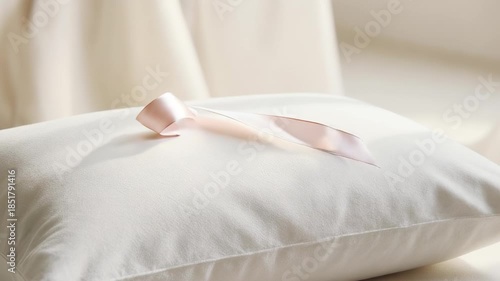 Soft White Cushion With Delicate Pink Ribbon Illuminated By Gentle Sunlight