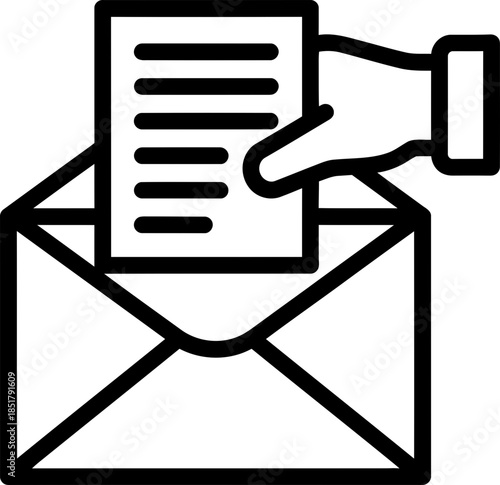 Hand putting document into envelope. Receive message, mail, letter. Email sign, communication. Correspondence and delivery service concept. Vector icon for website, app