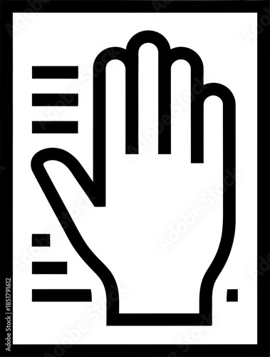 Voting or pledge icon illustration with an upright open hand on a document. Agreement, choice, and testimony concept. Vector illustration