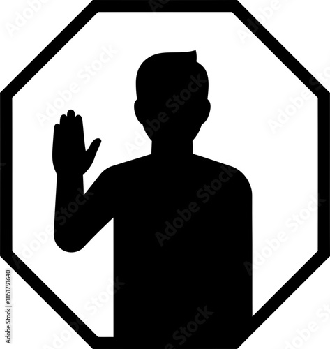 Man raising hand in stop sign shape. Concept of protest against violence, denial, restriction. Flat vector illustration