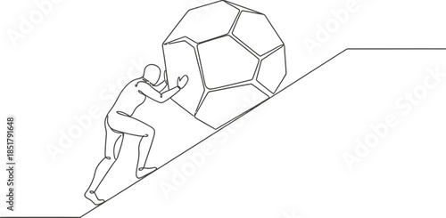Continuous line drawing man pushing geometric polygonal boulder up hill. Challenge, hard work, effort, burden concept. Minimalist style vector illustration