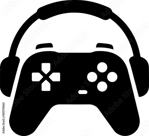 Gamepad with headphones icon. Headset controller for gaming console. Simple black symbol for video game, online streamer concept. Vector graphic design element