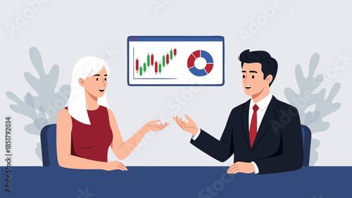 Two professionals discussing financial data presented on a screen, featuring a stock chart and pie chart.