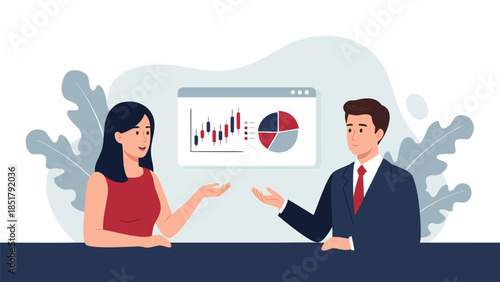 Two business professionals discussing financial charts and data on a screen in a modern office setting.