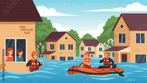 Rescuers in a boat navigate flooded streets, assisting residents trapped in their homes during a natural disaster.