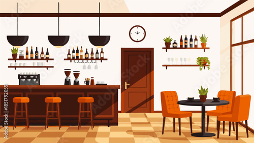 Interior view of a modern bar with a wooden counter, stools, tables, chairs, and shelves stocked with bottles and glasses.