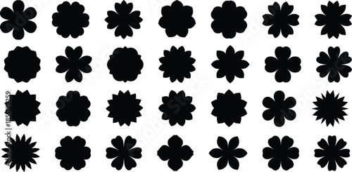 Collection of 25 black floral shapes on white background