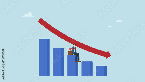 Businessman, investor or business owner sitting on falling down bar graph, red arrow. Economic recession, financial crisis or stock market crash.
