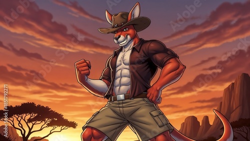 Muscular red kangaroo hero in comic-book style with cowboy hat against a dramatic outback sunset with copy space
