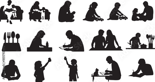 Family life activities silhouette icons