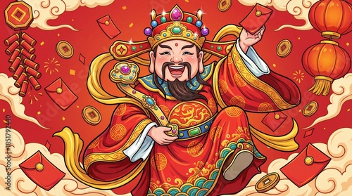 Chinese God of Wealth with red envelopes and lanterns