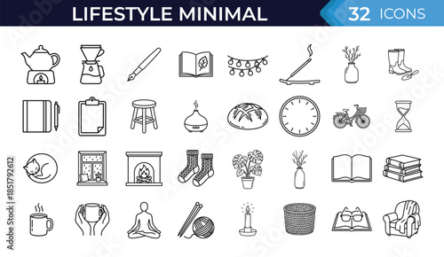 Lifestyle minimal and hygge outline icon set for cozy daily living. Home objects, relaxation, mindfulness, reading, coffee and slow life vector icons